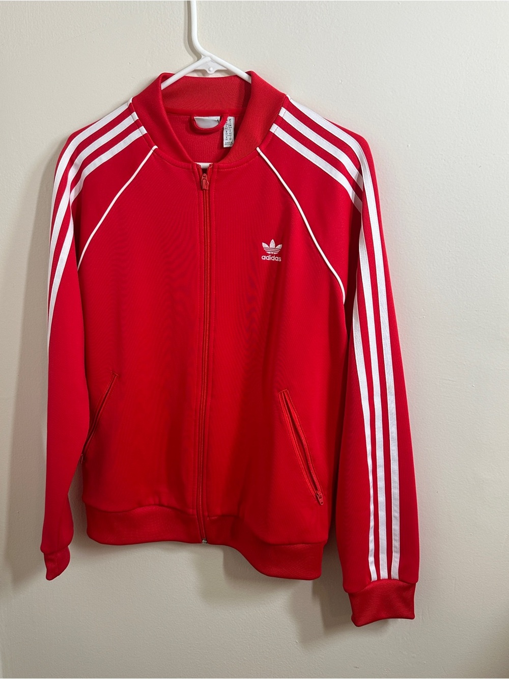 adidas Red Women's Track Jacket with White Stripes